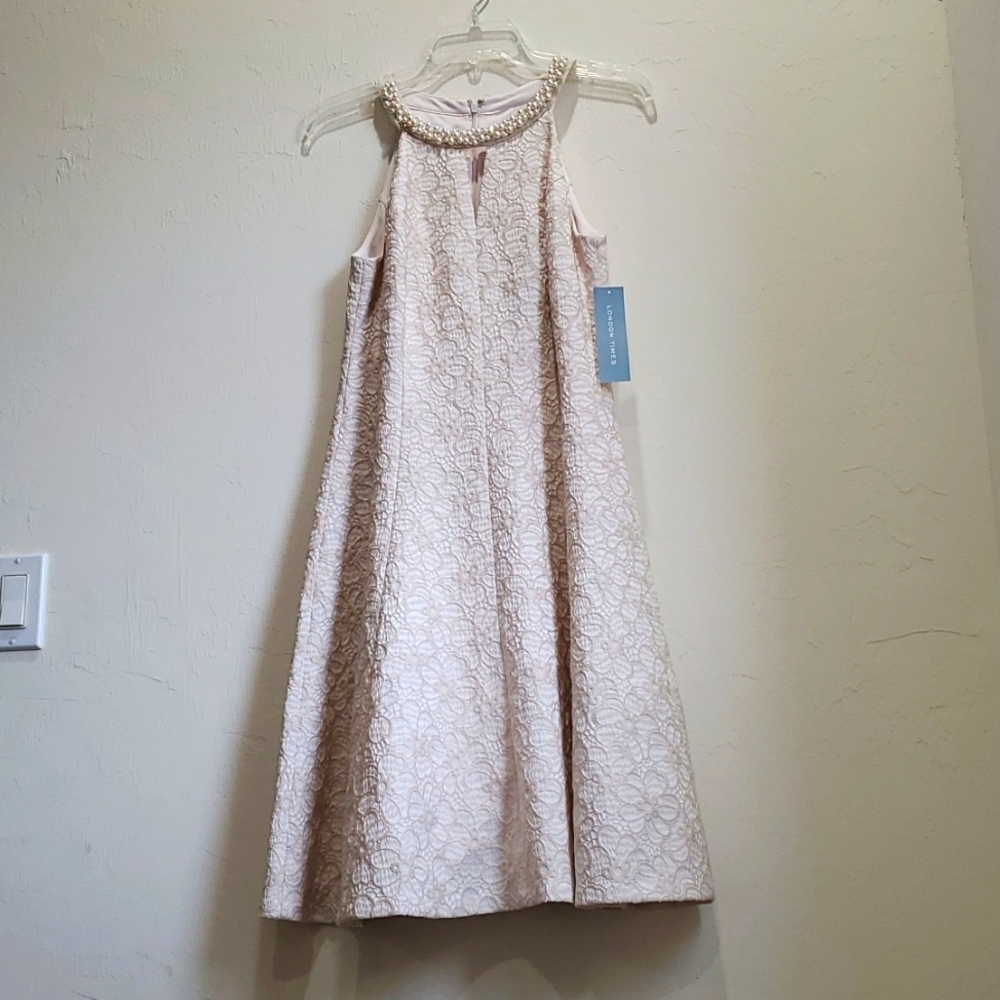 Ivory and Champagne Embroidered London Times A Line Dress with Pearl Accents NWT